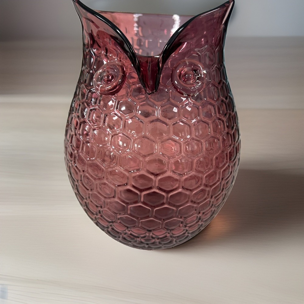 Hand Blown Amethyst Glass Owl Vase Pier One Honeycomb Art Glass Purple 8 inches